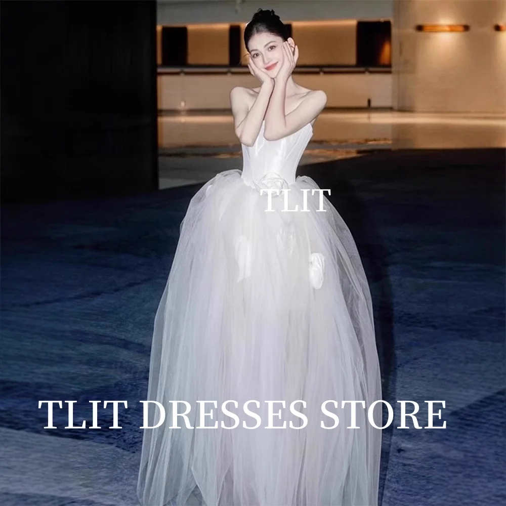 TLIT فساتين زفاف بسيطة من الحرير الأبيض والساتان بدون حمالات من التل بحاشية فستان زفاف كوري فساتين زفاف تبادل لاطلاق النار مخصصة لحفلات الزفاف