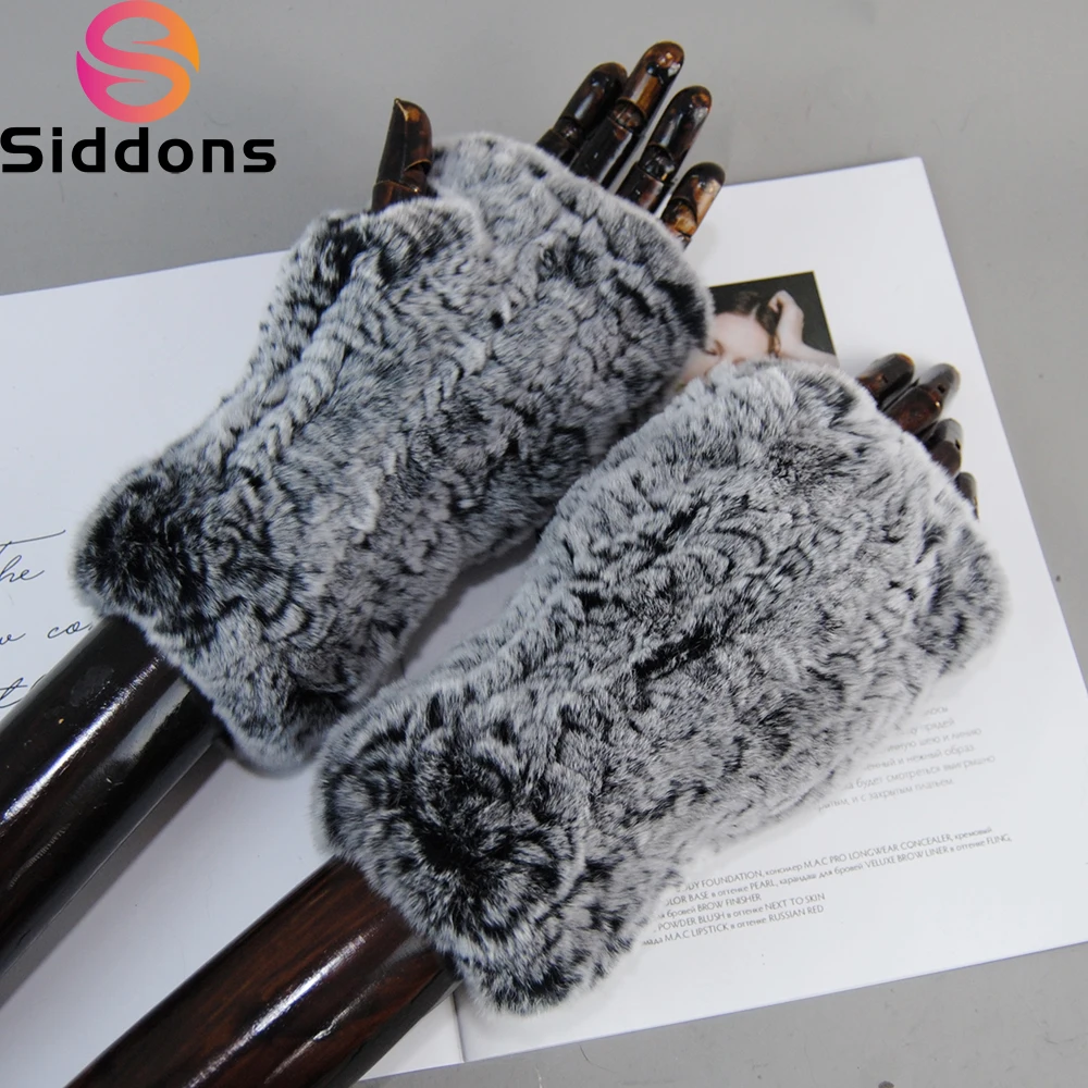 New Lady Real Fur Fingerless Gloves Handmade Knit Fur Mitten Winter Warm Women 100% Real Genuine Knitted Rex Rabbit Fur Mittens