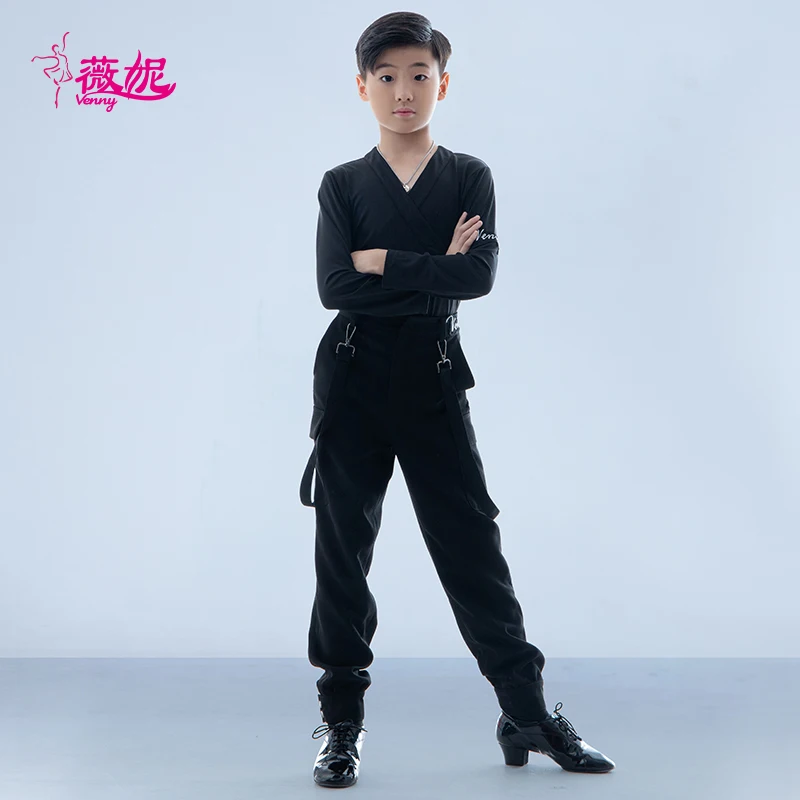 Vennystyle Abito da ballo latino Top da uomo con scollo a V e bretelle Set per spettacoli da sala Costumi da ballo da sala