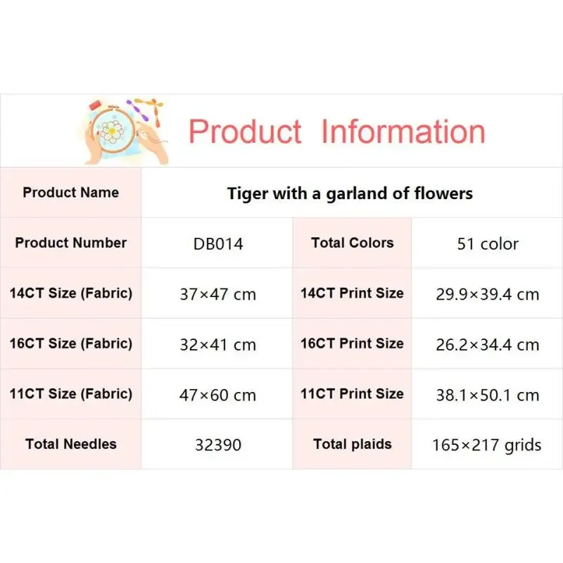 Tiger with Garland Animal Pattern Cross Stitch DIY Hand Embroidery Aida 14ct 16ct 11ct White Canvas Printed Fabric Sewing Kits