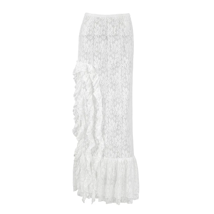 2025 Summer Side Slit Sexy Ruffled Lace See-through Skirt All-match Women's Clothing White Skirt