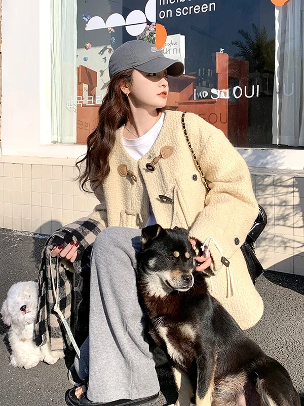 

Women's ort Woolen Coat Spring Autumn Loose Slimming Vintage Button up Korean Sle Long Sve round Ne Thiened