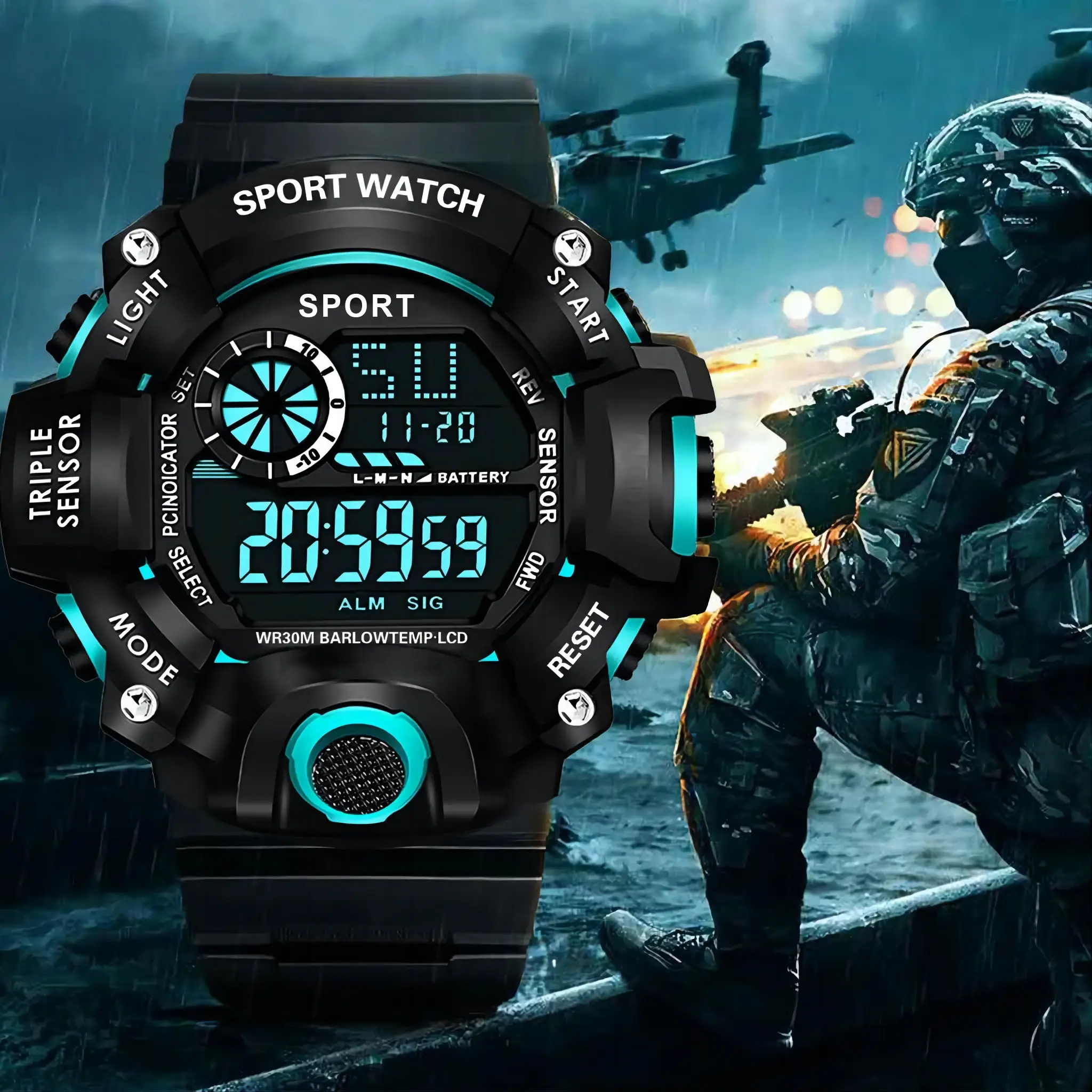 Moda masculina relógio de pulso eletrônico esportivo grande mostrador multifuncional à prova dwaterproof água alarme luminoso crianças relógio militar masculino