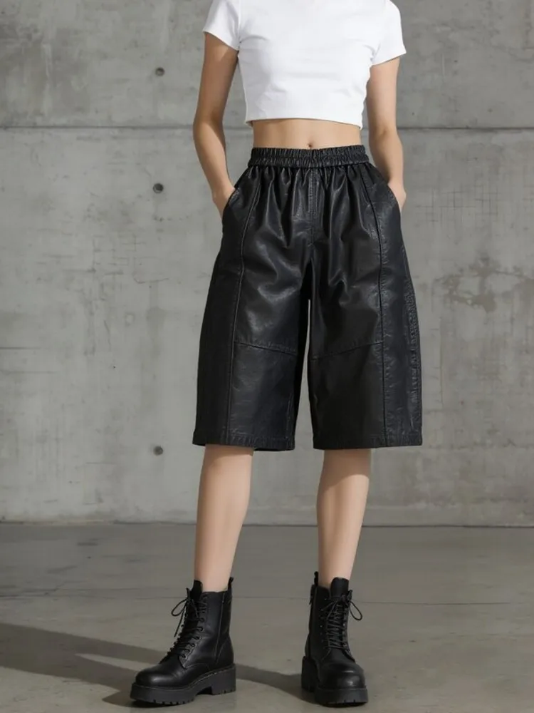 Vintage Women Oil Wax Cowhide Genuine Leather Knee Length Shorts Elastic Waist Loose Fit Wide Leg Harem Shorts Casual Streetwear