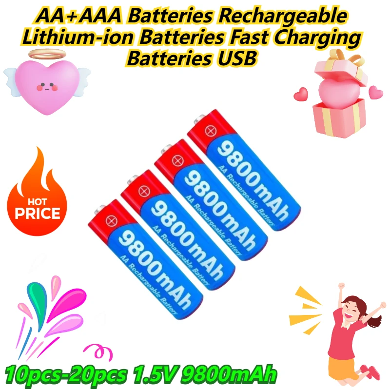 

10pcs-20pcs 1.5V 9800mAh AA+AAA Batteries Rechargeable Lithium-ion Batteries Fast Charging Batteries USB