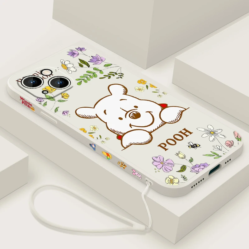 Disney Pooh Flowers per Apple iPhone 15 Ultra 14 13 12 11 XS XR X 8 7 Pro Max Plus Mini custodia per telefono con corda sinistra liquida