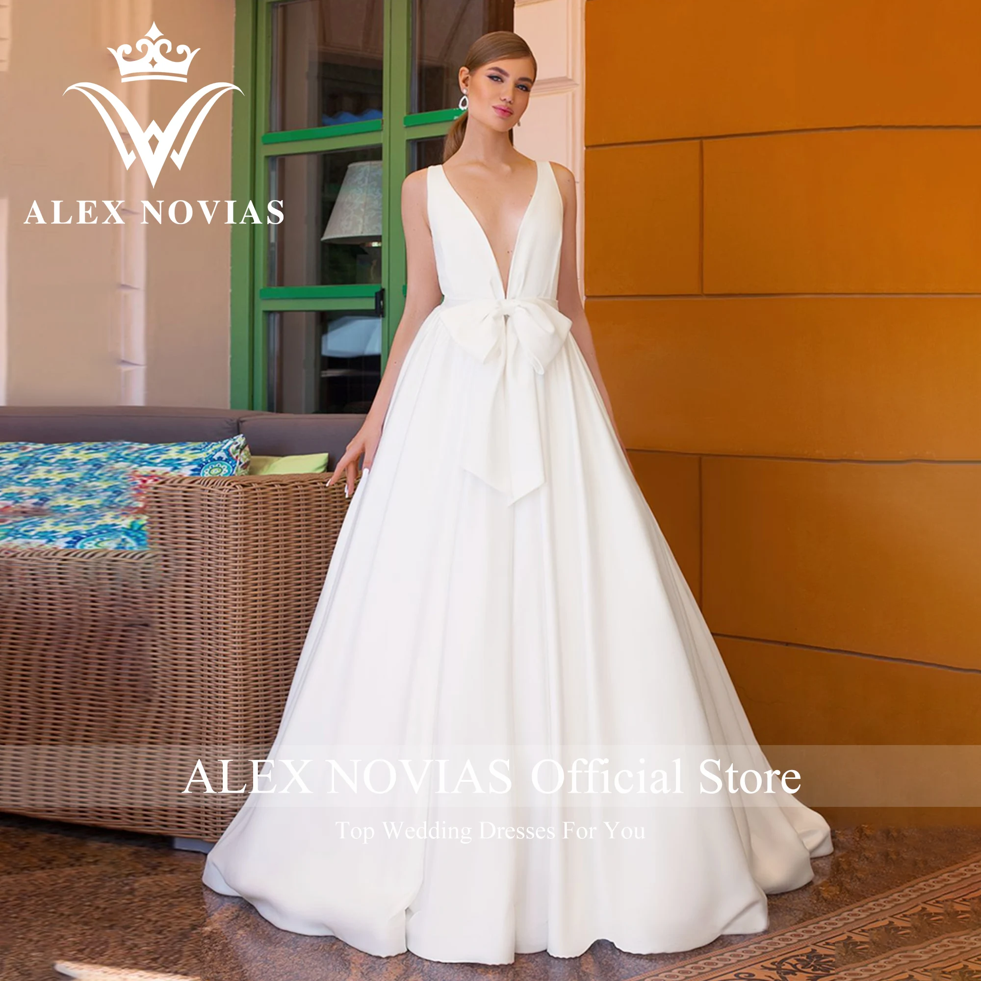 ALEX NOVIAS Ball Gown Wedding Dresses With Jacket Bow 2023 V-neck Floral Print Lace Satin Wedding Gown Vestido Novias De Saten