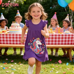 DXTON Summer Children's Straight Dress Fly Sleeve Kids Cotton Sundress Uincorn Flower Printed Vacation Kids Girls Casual Dresses