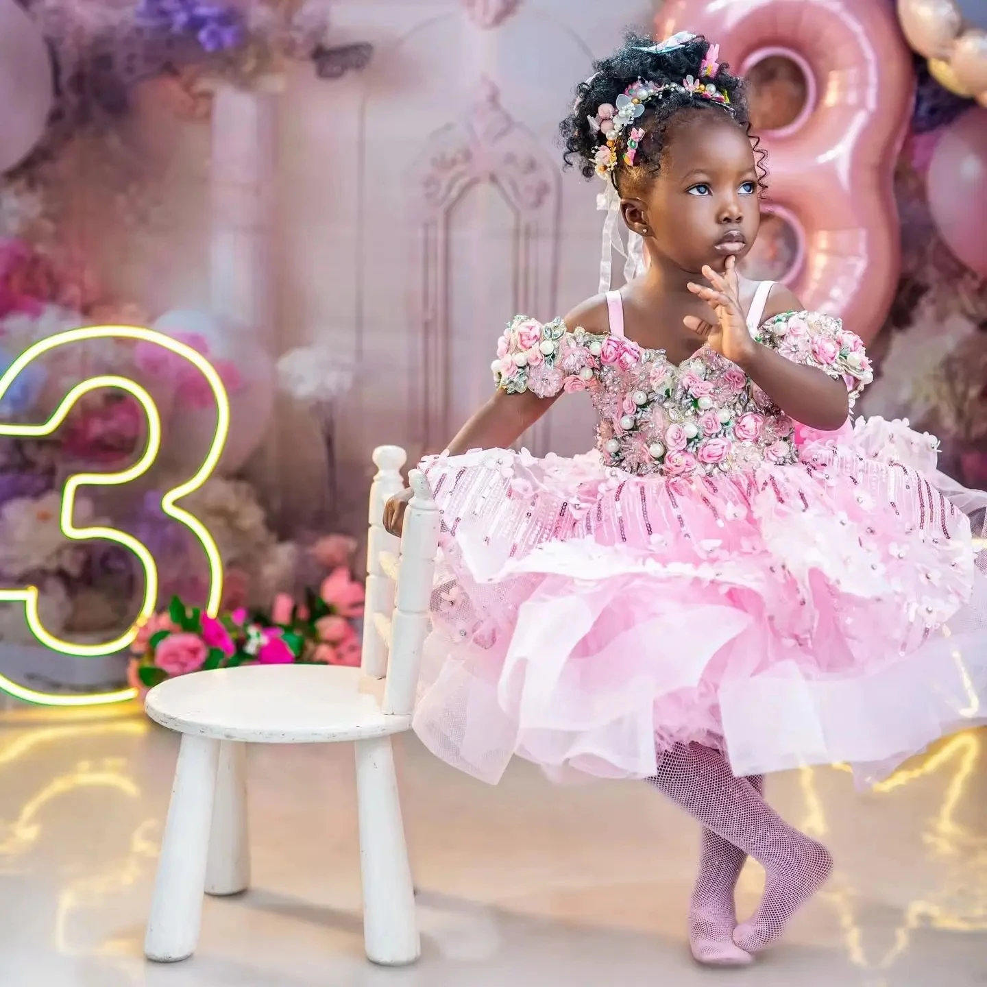 Customized Pink Flower Girl Dress For Wedding Appliques Short Sleeve Knee Length Elegant Kids Birthday First Communion Gown