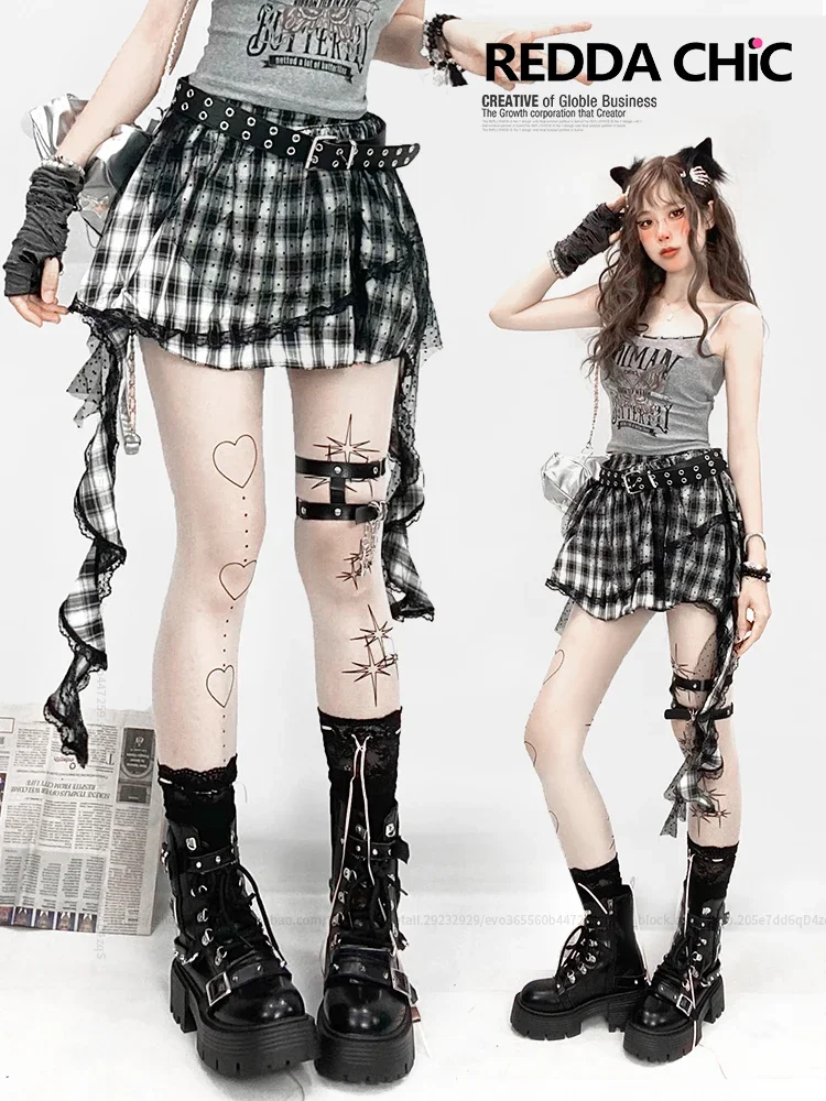 

Summer Black Checkered Punk Hot Girl Fashion Y2k Hot Girl Checkered Patchwork Lace Irregular Ribbon Skirt for Women