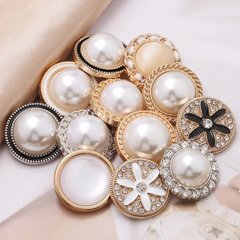 10 Pieces Fashionable Buttons White Pearl Ornament Gold Color Metal Shank Buttons Woman Garment Accessories