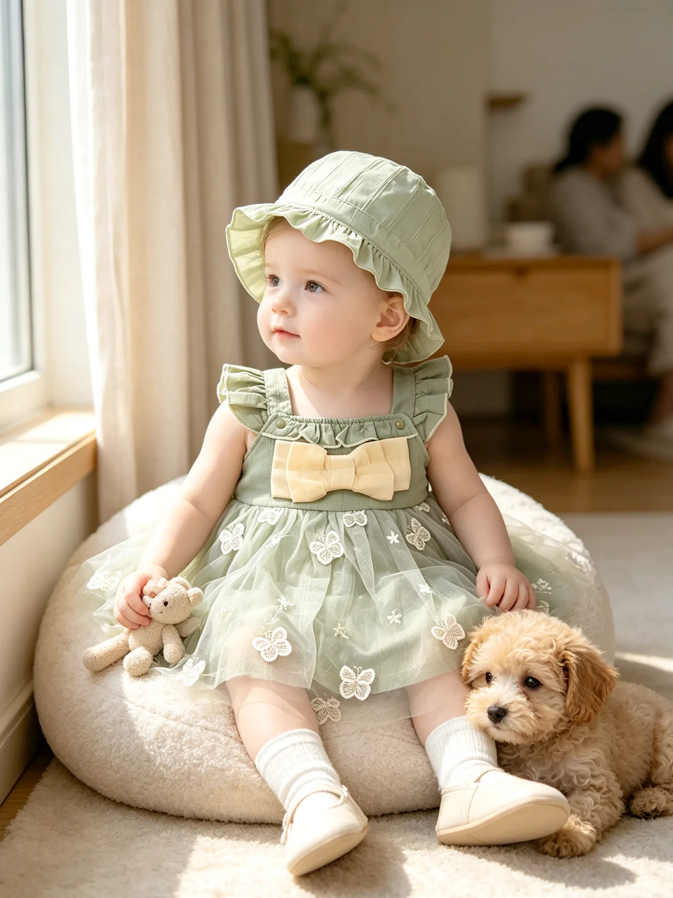 Baby-Mädchen-Kleid mit Schleife, grünen Flügelärmeln, Mesh, frisches Mädchen-Trägerkleid, Prinzessinnenkleid, zweiteiliges Set, Frühlings- und Sommerkleid – Detail 6