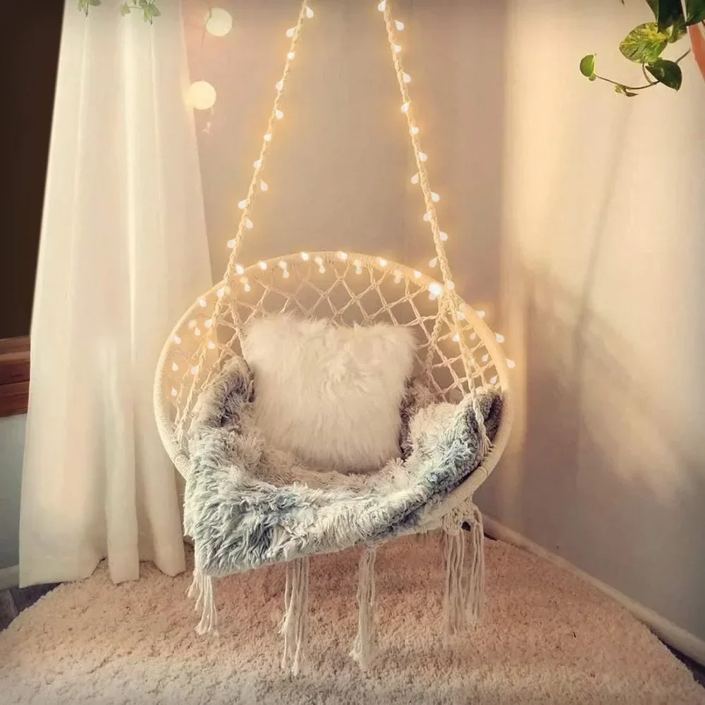 

Hanging Chair for Bedroom Hammock Chair Swing with Lights and Hardware Kits Holds Up to 550Lbs Hanging Cotton Rope Swing Chair