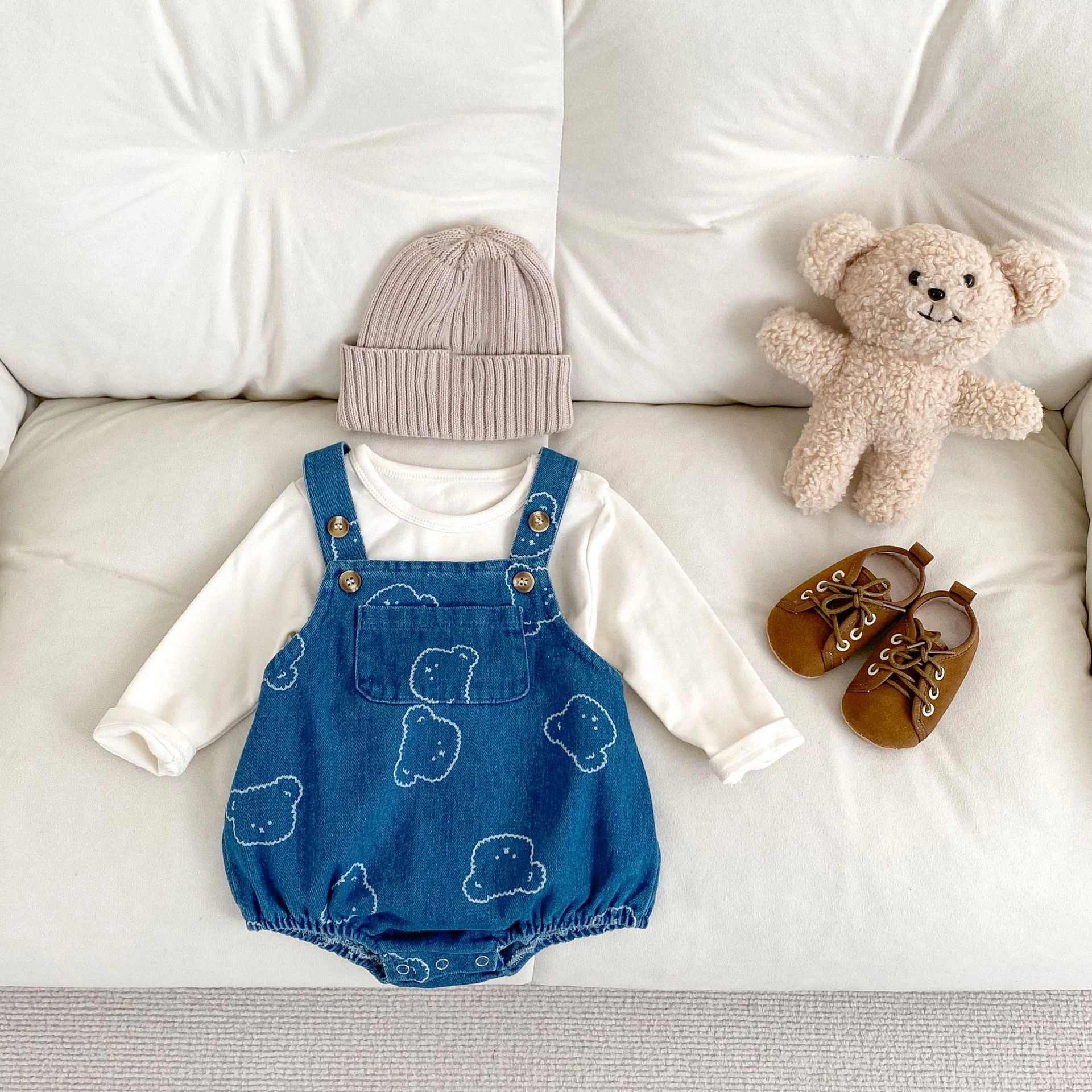 MILANCEL Baby Spring Clothing 0-2Y Cute Bear Head Printed Denim Bodysuit Infant Girls Straps Pants Toddler Boys One Piece