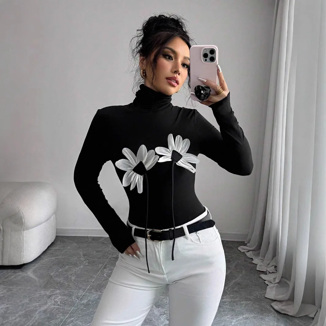 

2025 Fall New Arrival Women's Black Sexy High Neck Floral Applique Long Sleeve Slim Fit T-Shirts Tops for Women Clothing Tees