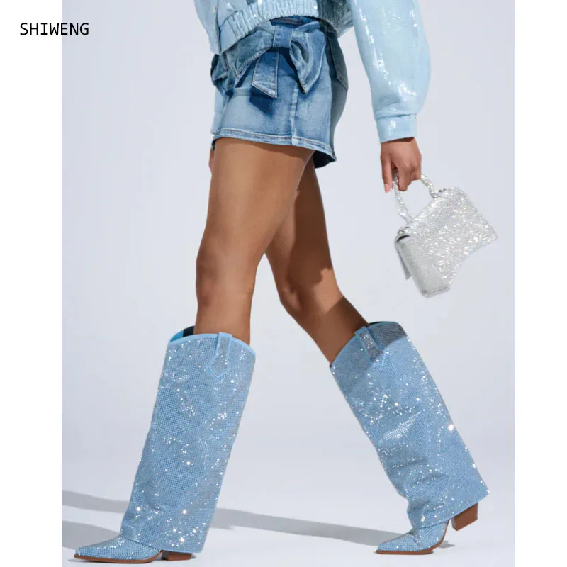 2025 Crystal Fold Over Wedge Boots  Women Blingbling Slouchy Sparkly Blue Runway Shoes Ladies Trends Casual Knee High Boots