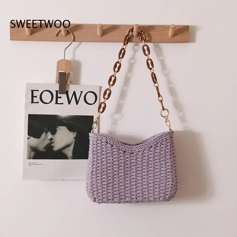Solid Color Hollow Woven Straw Shoulder Bag Underarm Handbag Multi Color Lightweight Beach Crossbody Bag for Women Summer