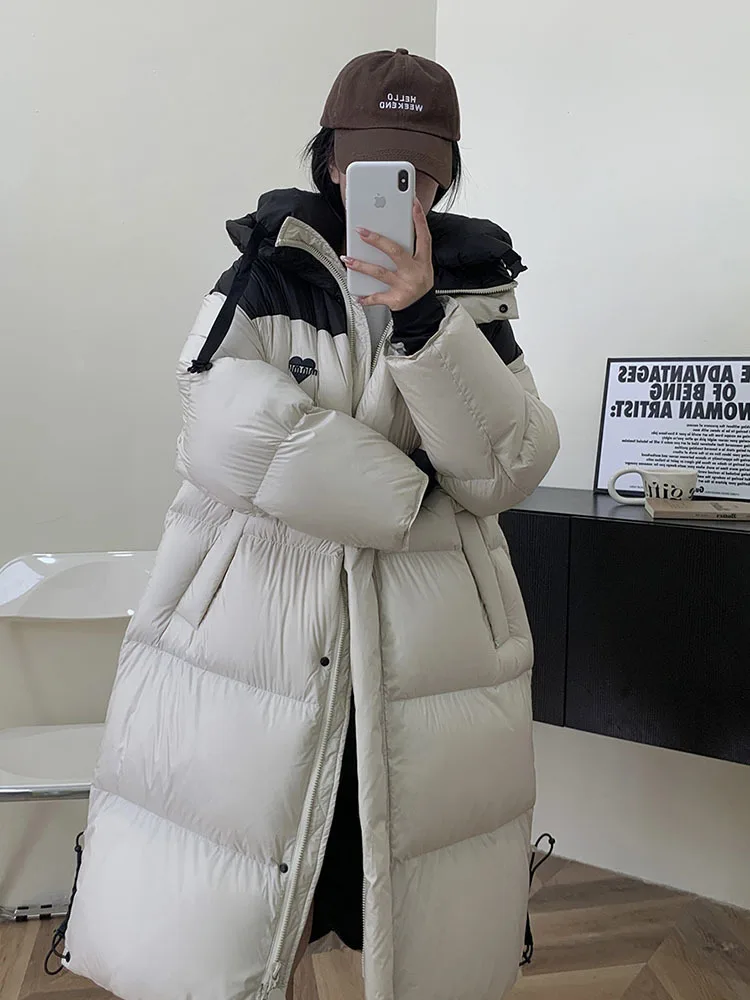 

2023 Sports Style Long Hooded White Duck Down Jacket Coat Loose Thickened Long Down Coats Warm Clothing Winter Wear