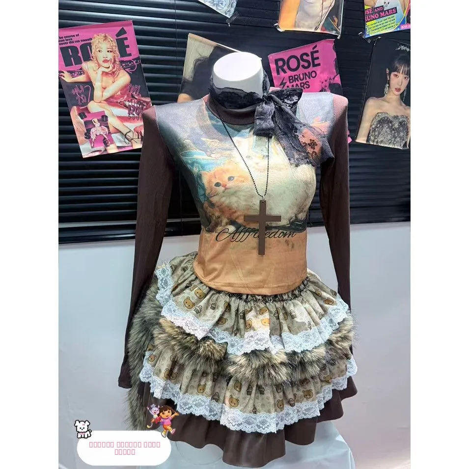 

Юбка ручной работы в стиле Y2K с винтажным принтом, пышная, в клетку, средней длины, для повседневной носки, женская, модная, весна-лето 2024