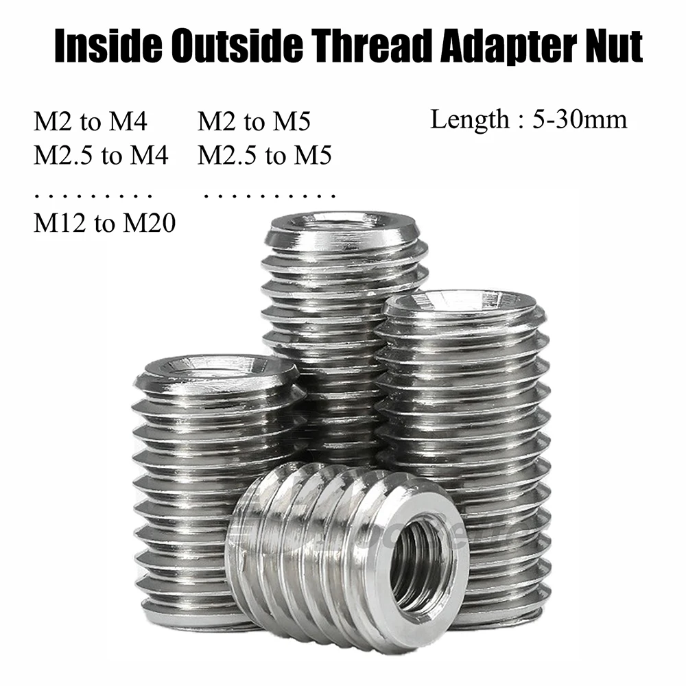 2/5Pcs Inside Outside Thread Adapter Screw Nuts M2 M2.5 M3 M4 M5 M6 M8 M10 M12x M4-M20 304 Stainless Steel Insert Coupler Nut