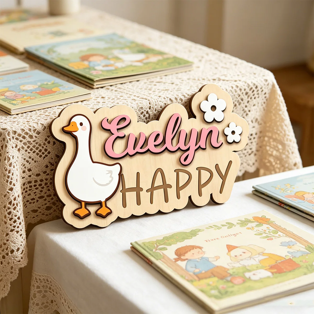 1pc wooden logo, customized name/letter, cartoon goose and small flower pattern, ideal gift for birth, baptism and wall decor