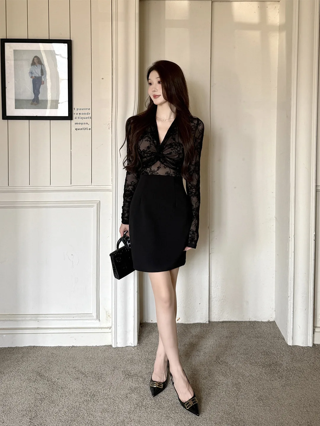 خمر الخامس الرقبة الدانتيل بألواح عقدة التفاصيل الأسود البسيطة Bodycon فستان أنيق سليم صالح طويلة الأكمام مكتب فستان المرأة الملابس العصرية