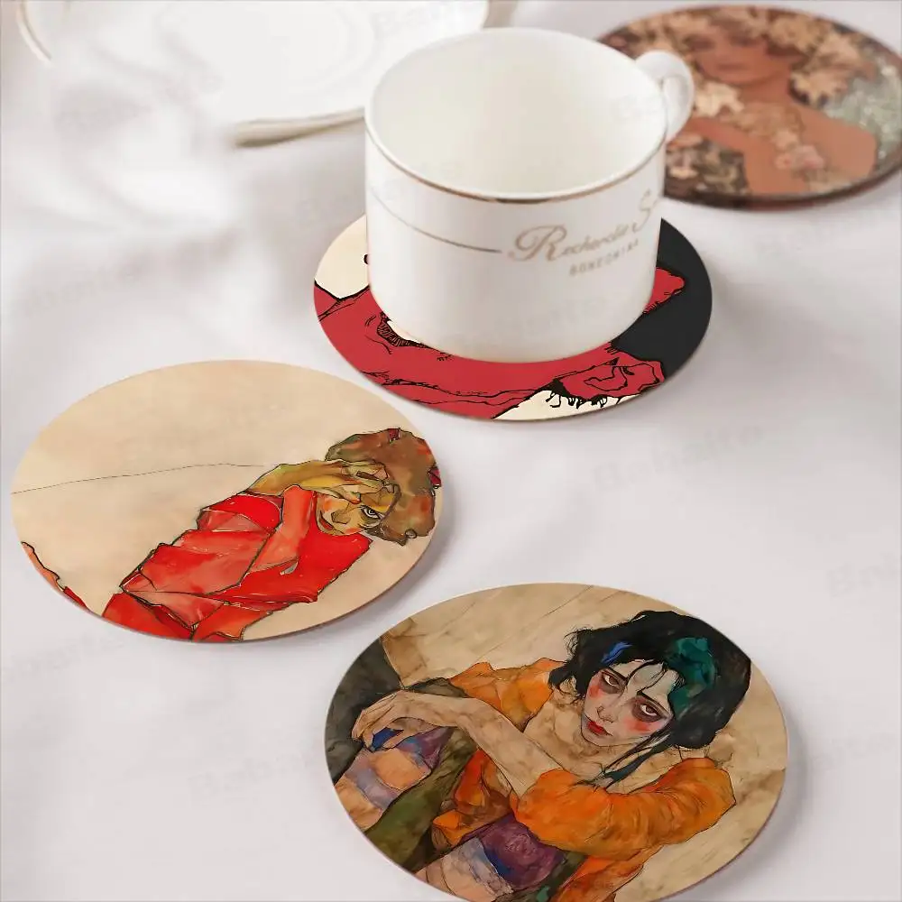 Artist Egon Schiele Art Retro Wooden Cup Mats Elements Colour Printing Cup Coasters Home Kitchen Decora Gifts