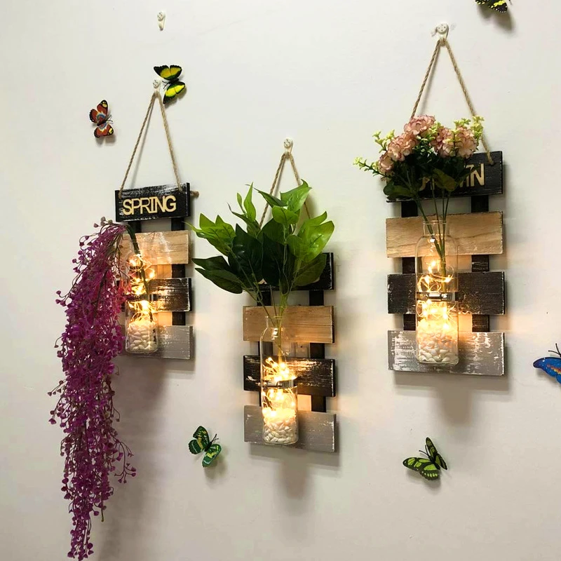 2pcs Wall Hangings Wooden Pendants Restaurant Room Living Room Wall Wall Hydroponic Vase Home Wall Hanging Accessories