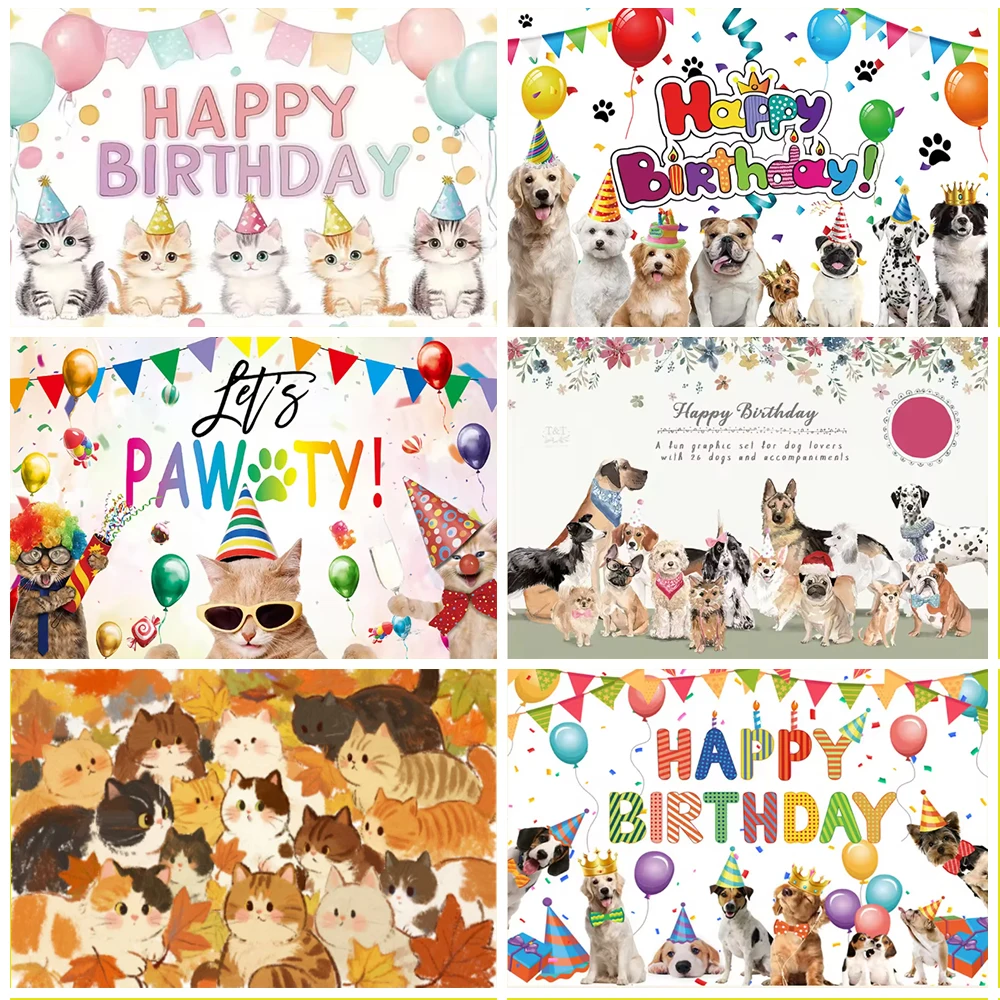 

Cute Cartoon Cats Theme Background Funny Animals Happy Birthday Party Decoration Kids Gift Pink Poster Prop Cats and dogs Party