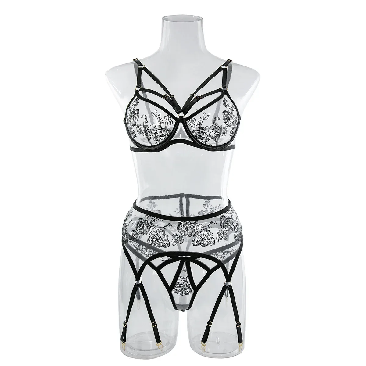 

New Fashion Women's Lace Embroidered Lace Lingerie Set Sexy Cross Floral Embroidered Underwear Summer Female See Through Bra