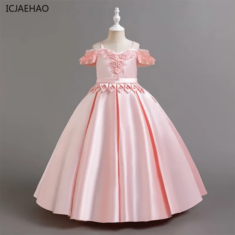 ICJAEHAO 2024 Kids Elegant Wedding Child Vestido Solid Luxury Girl Host Performance Off Shoulder Beading Princess Dresses Girls