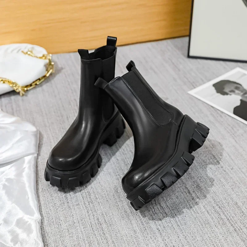 2023 New Autumn Winter Women Ankle Boots Fashion Round Toe Slip on Ladies Casual Short Boots Thick Bottom Chelsea Shoes