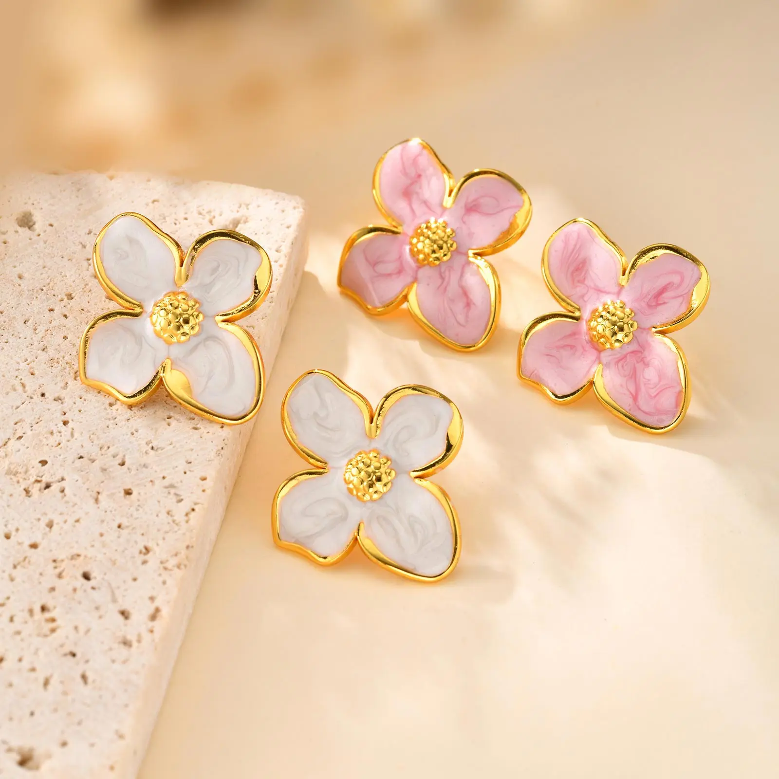 

Pink Four Petal Flower Earrings for Women Gold Plated Stainless Steel Floral Stud Earrings Not Allergic Elegant Jewelry Gift