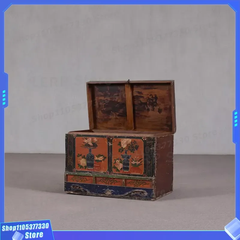 Retro Wooden Storage Box Handmade Antique Folk Pattern Drawer Organizer Decorative Jewelry Case Vintage Home Desktop