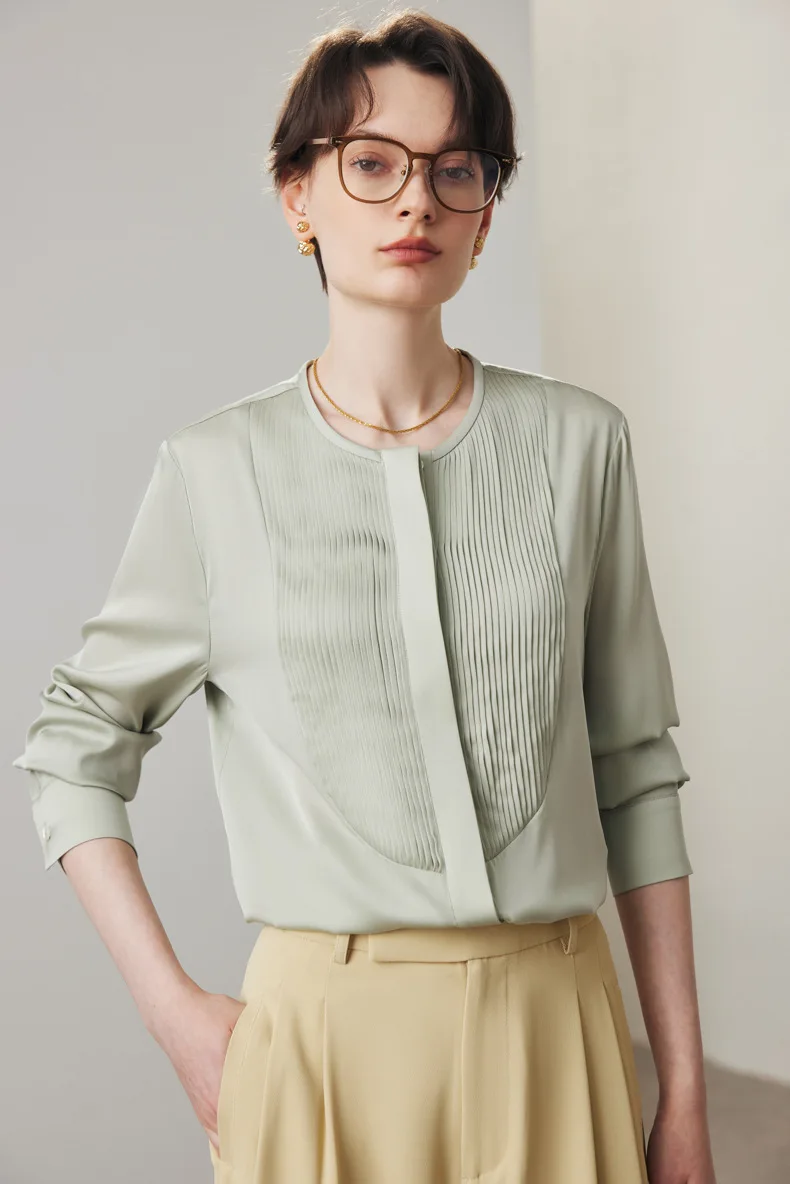 90% Natural Silk 10% Spandex Women's Shirt O Neck Long Sleeves Pleated Elegant Fashion Blouse