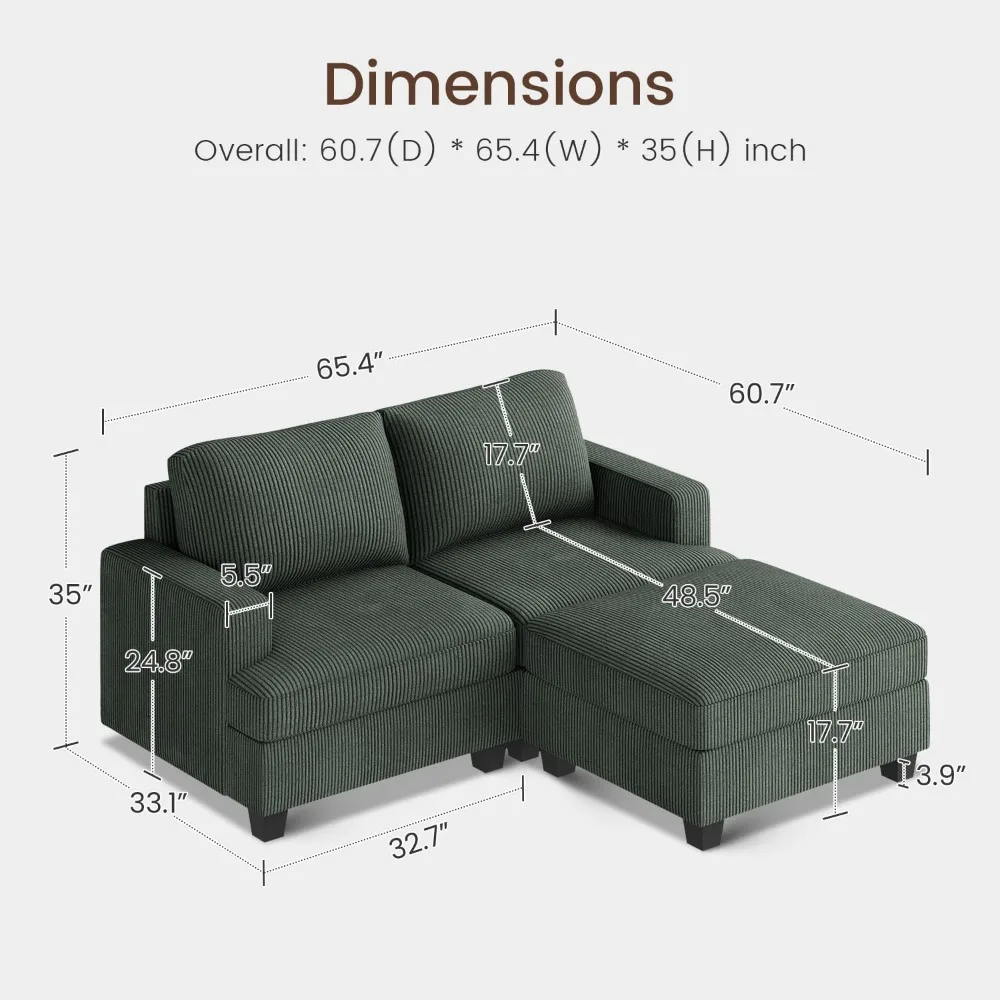 أريكة سروال قصير على شكل حرف L مقاس 65 بوصة مع مساحة تخزين لأثاث غرفة المعيشة العثمانية، مجموعة أريكة مريحة