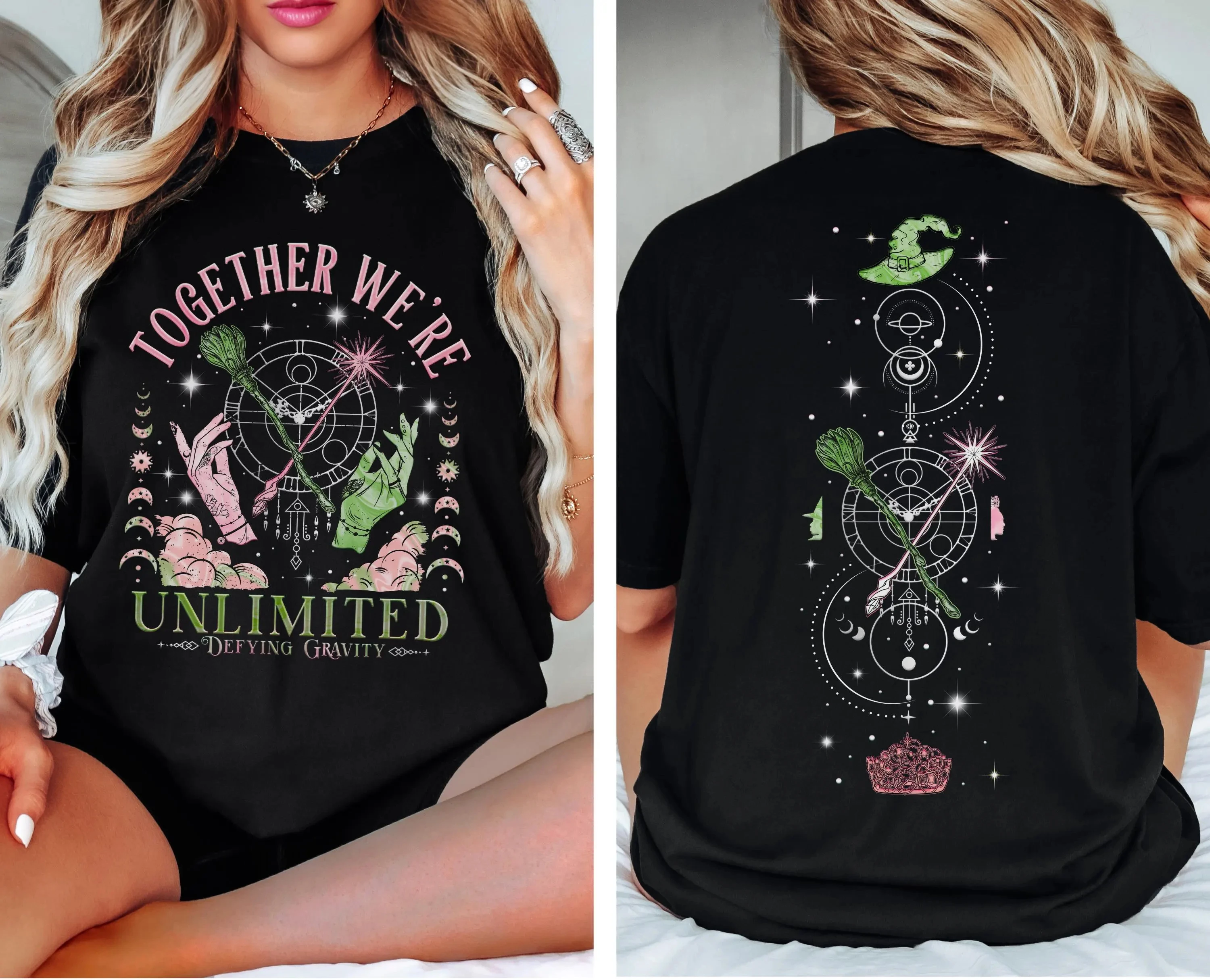 معًا، قميص We’re Unlimited، قميص Defy Gravity، هدية Wicked Witchcore، قميص Wicca باللون الوردي والأخضر، ملابس معالج الفيلم