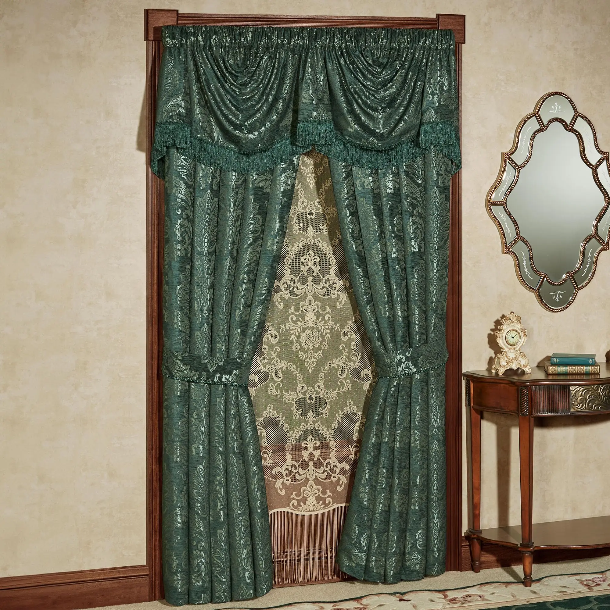 Camelot Luxury Window Empire Valance & 84L Curtains Set, Emerald Green