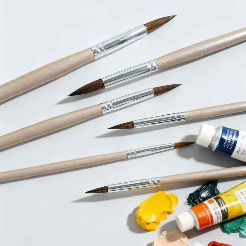6-piece Champagne Gold Long Wooden Rod Round Point Watercolor Acrylic Drawing Pen Set with Outline Sketching