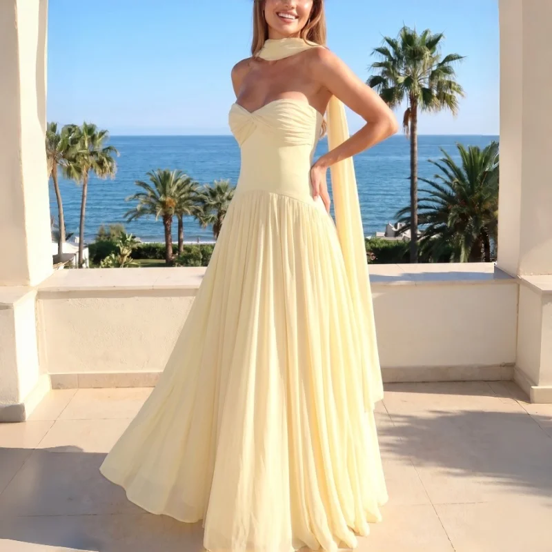 Sexy Scarf Neck Off Shoulder Ruffles Long Dress Fashion Sleeveless High Waist Maxi Robe Women Party Evening Chic Gown 2026 New