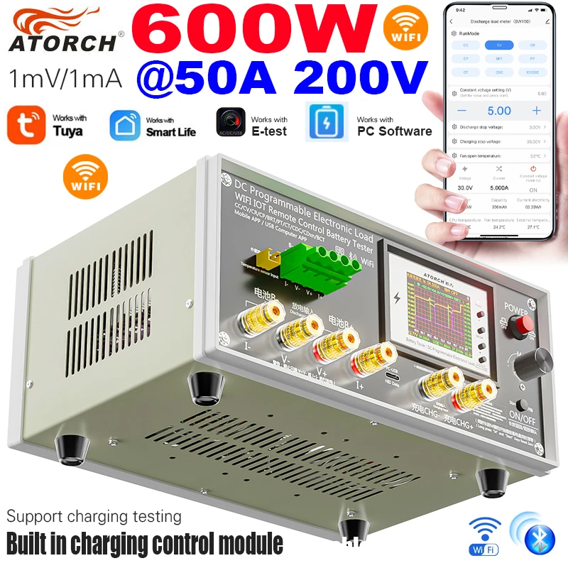 BW-600W-DK WiFi 200V 50A DC جهاز اختبار الحمل الإلكتروني دقة عالية مراقبة قدرة البطارية أدوات الشحن لتطبيق Tuya