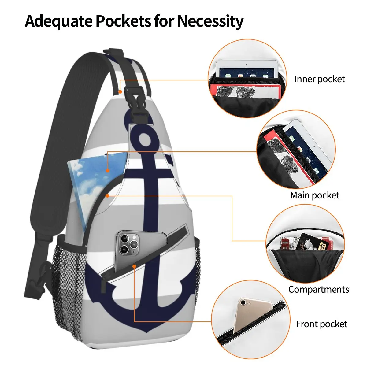 Nordic Geometric Nautical Crossbody Sling Bag SmallChest Bag Anchor Shoulder Backpack Daypack for Travel Hiking Camping Bookbag