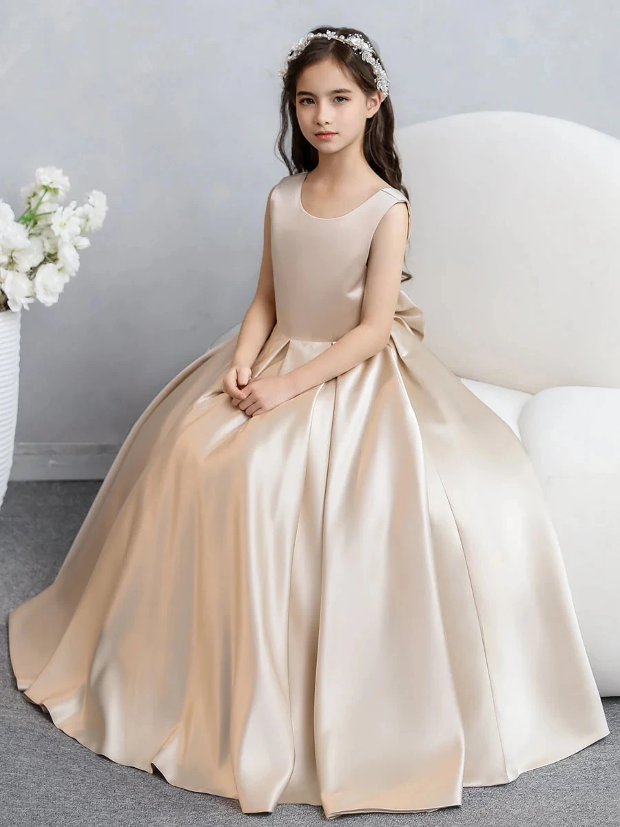 Lovely Crew Neck Satin Flower Girl Dresses With Bowknot vestidos elegantes para niñas vestidos de 15 quinceañera 2024