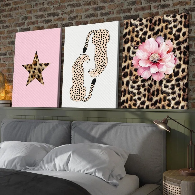 3PC frameless  Leopard Prints Poster | Trendy Flower Leopard Star Canvas | Maximalist Dopamine Decor | Funky Y2K Room Aesthetics