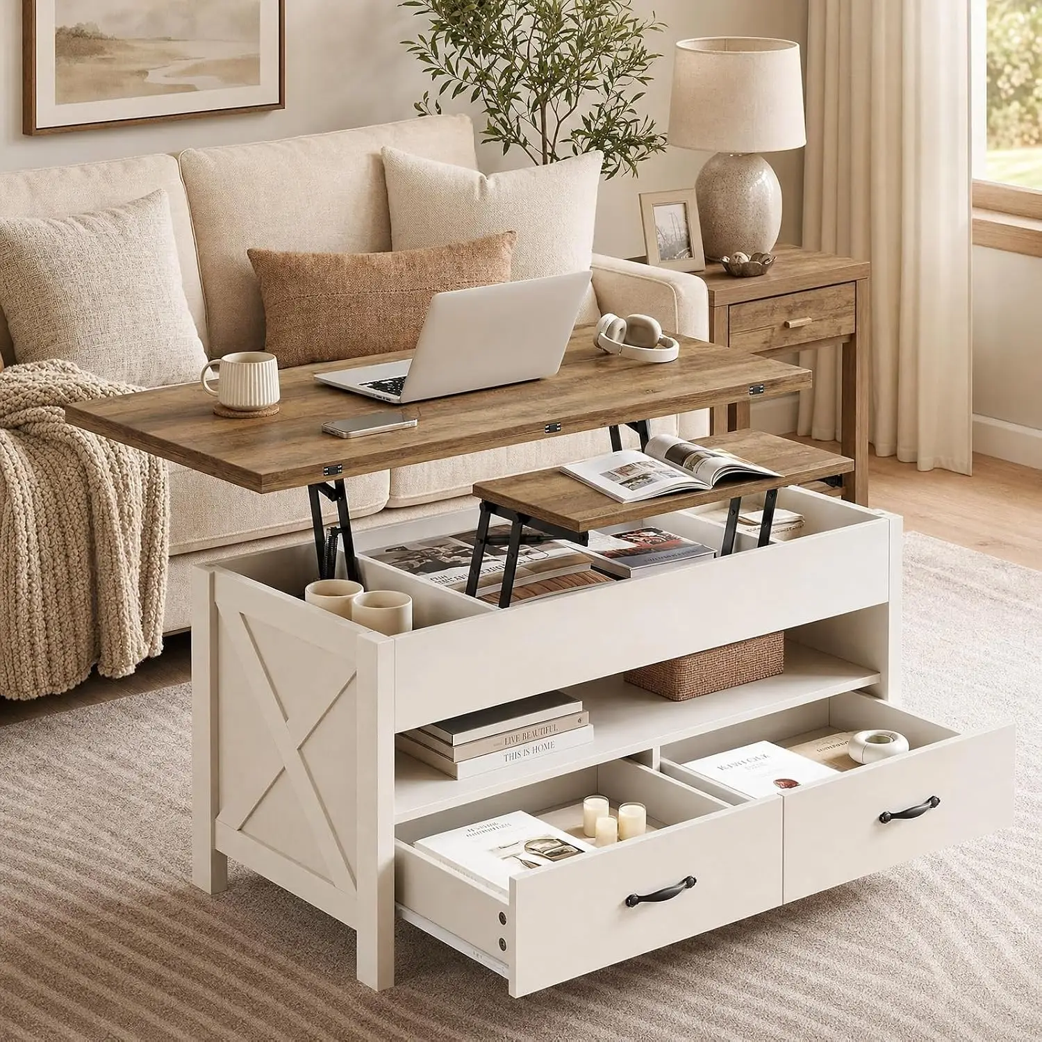 Lift Top Coffee Table 4 in 1 Convertible Drawers & Hidden Compartment Expandable Dining Table Living Room Oak White, Customized