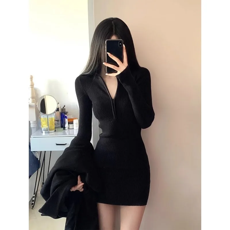 

Women's Slim Fit Knit Dress 2025 Autumn Black Long Sleeve Bodycon Style Ideal for Layering Under Trench Coats