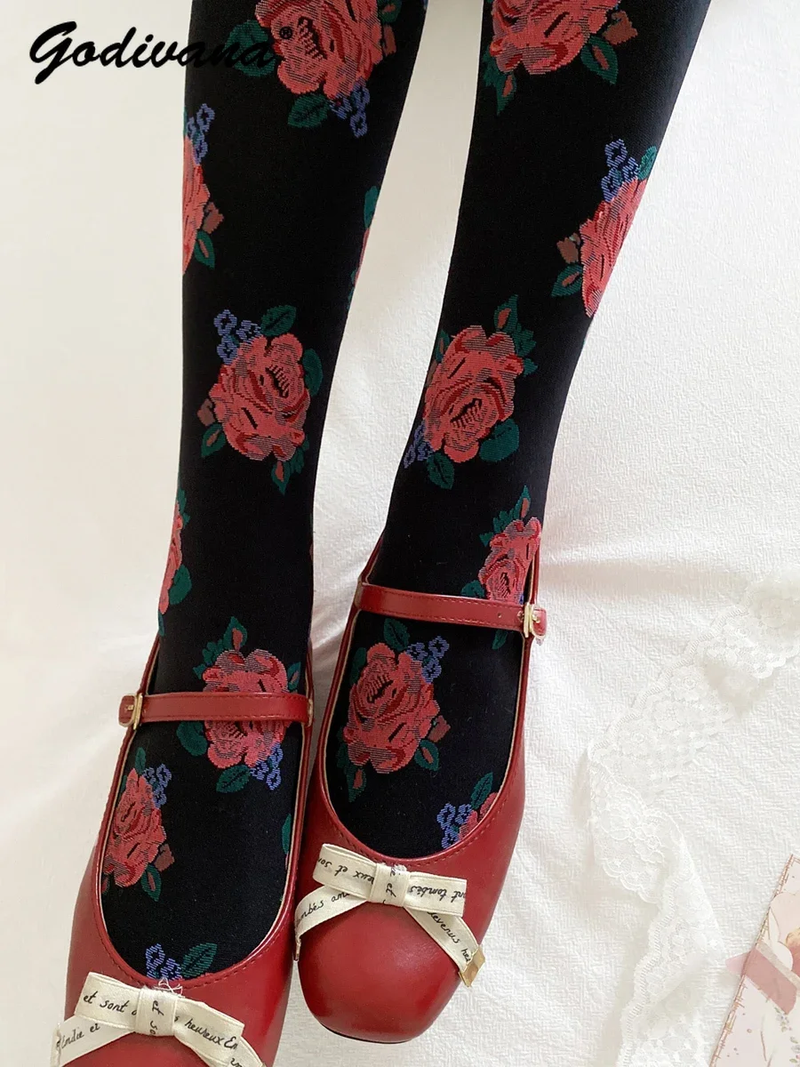 Pantimedias rosas súper hermosas para mujer, medias Retro preciosas negras Borgoña, medias de primavera y otoño