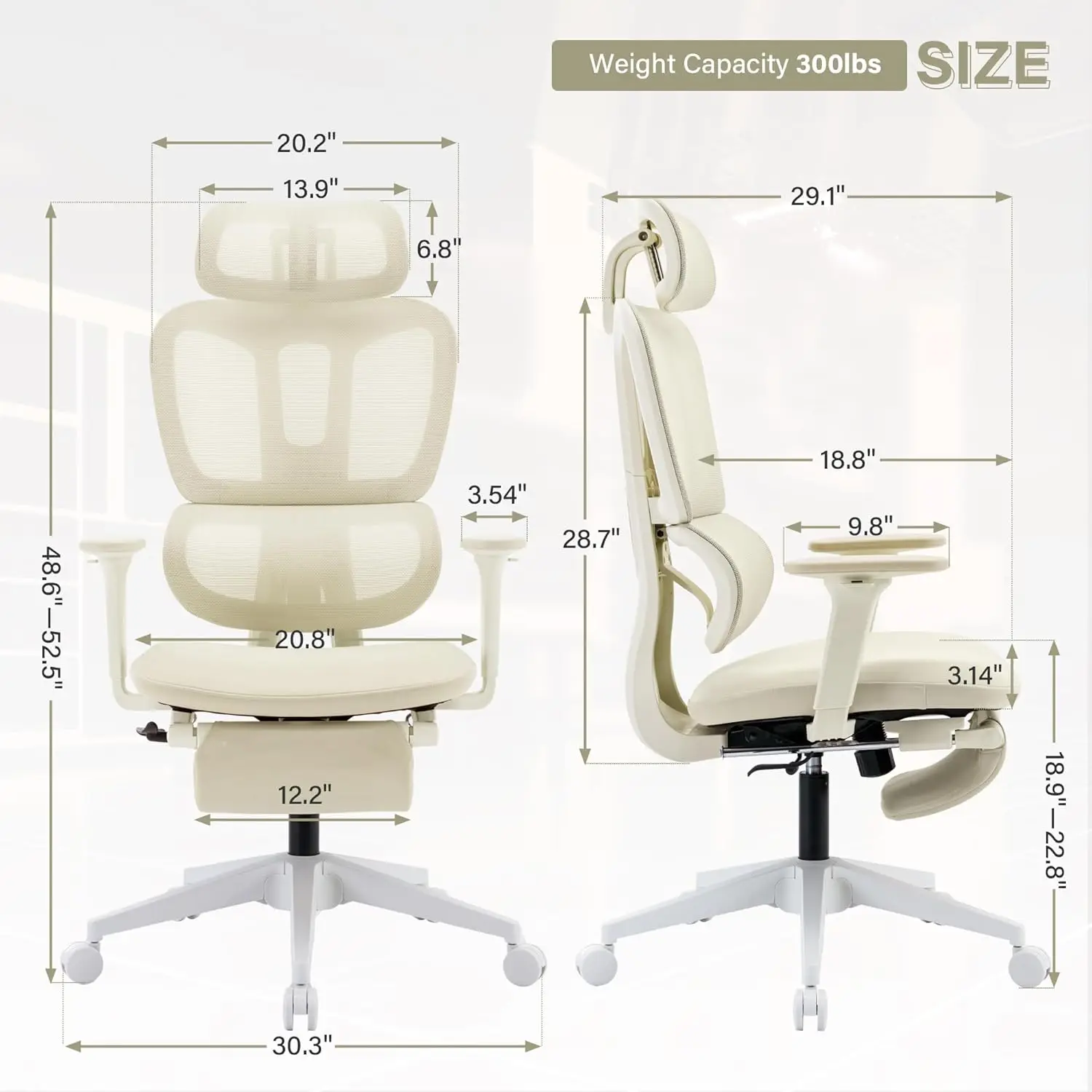 Ergonomic Mesh Office Chair in Cream for Adults, with Footrest, Dynamic Lumbar Support, 2D Headrest, and 2D Armrest