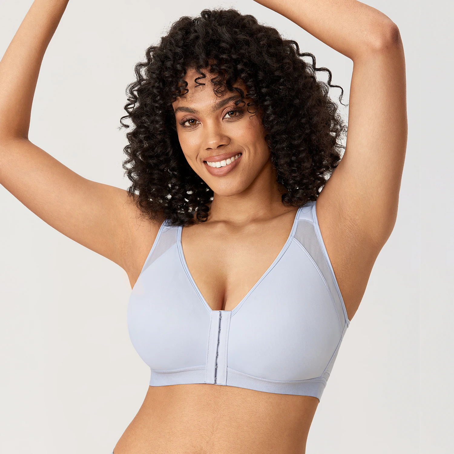 Women's Full Coverage Front Closure Wire Free Non-padded X-shape Back Support Improve Posture Bra Wide Strap B-DD E F G 42 44