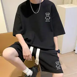 Conjunto de t-shirt e shorts engraçados de urso masculino, moda coreana, hip-hop, rock, casual, terno de verão, conjunto 2 peças